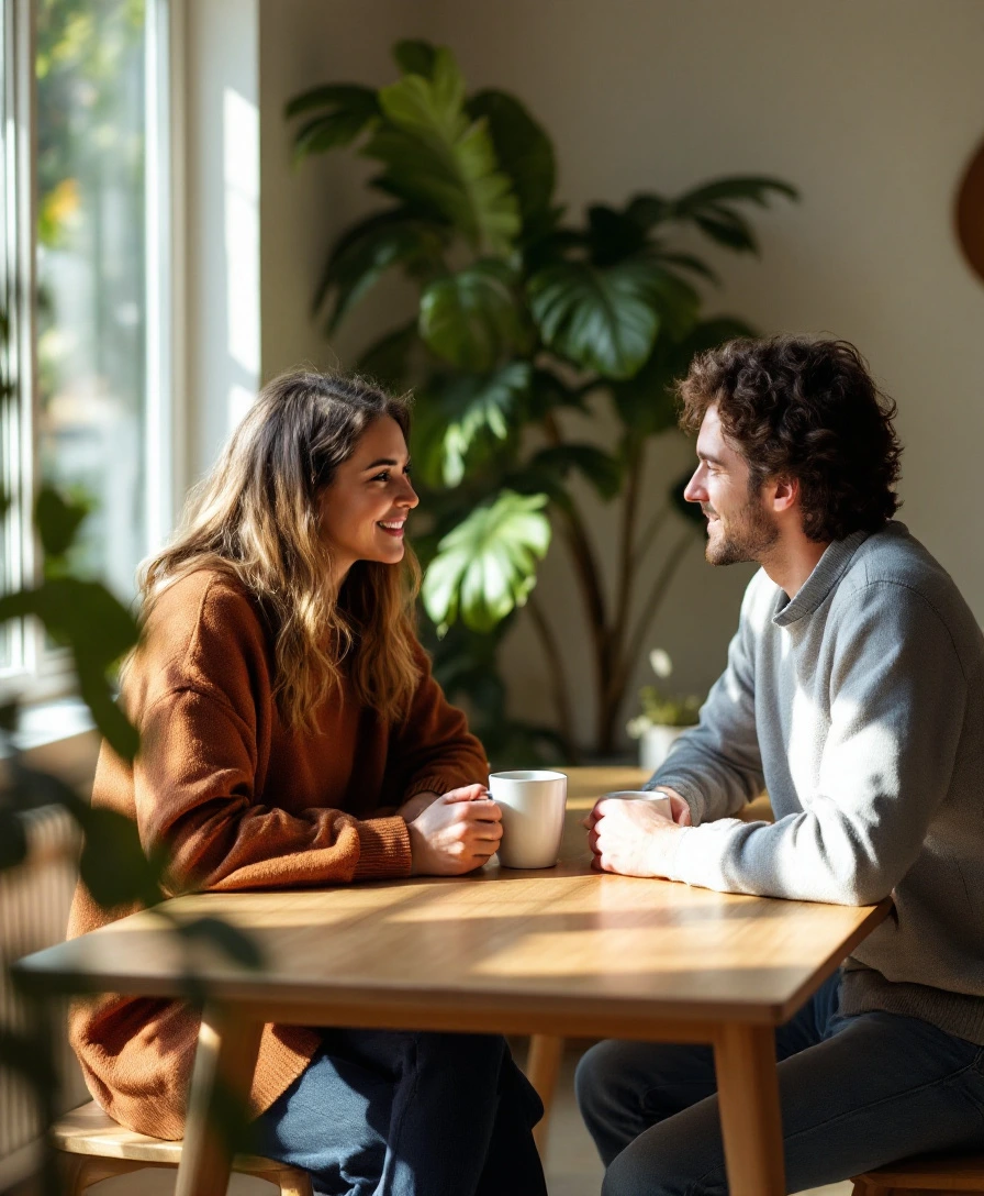 A couple talking calmly across a table over coffee