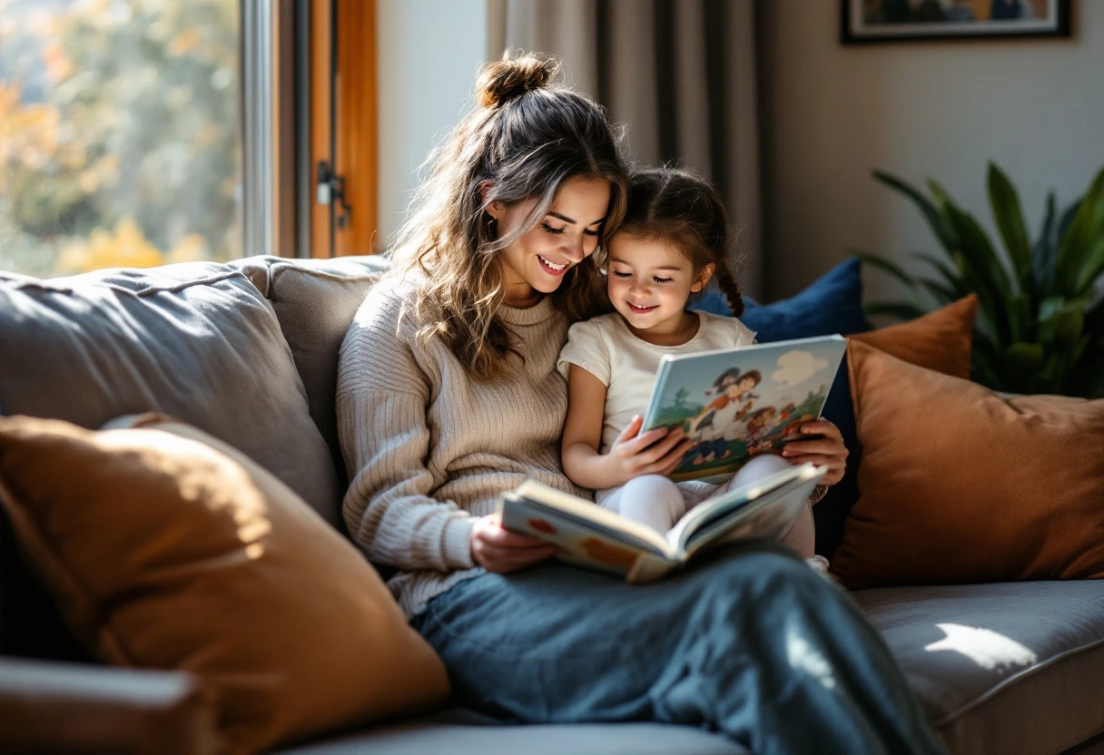 A parent and child reading together at home